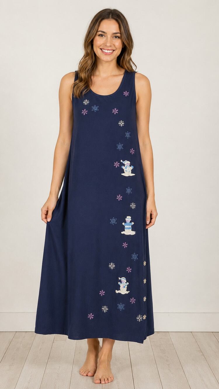Fashion Classics Embroidered Snowman Christmas Maxi Dress Womens Large Navy Blue